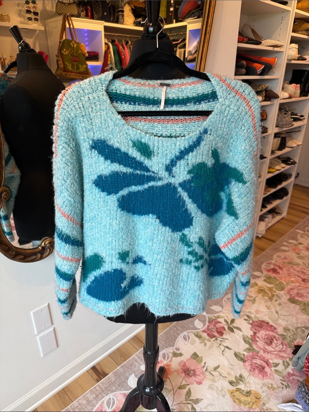 Free People Aqua Floral Crewneck Sweater with Teal & Coral Accents